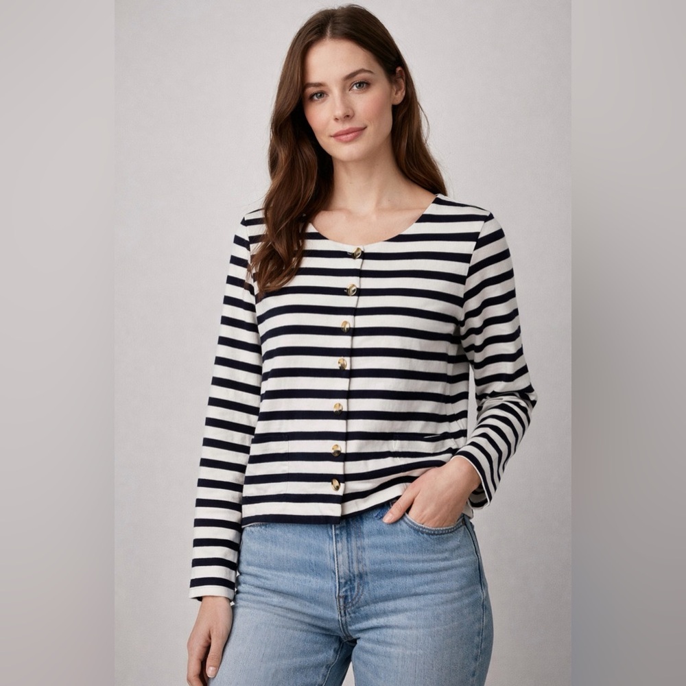 Talbots Cotton Boxy Fit Navy and White Stripe Cardigan Gold Buttons Preppy 419
